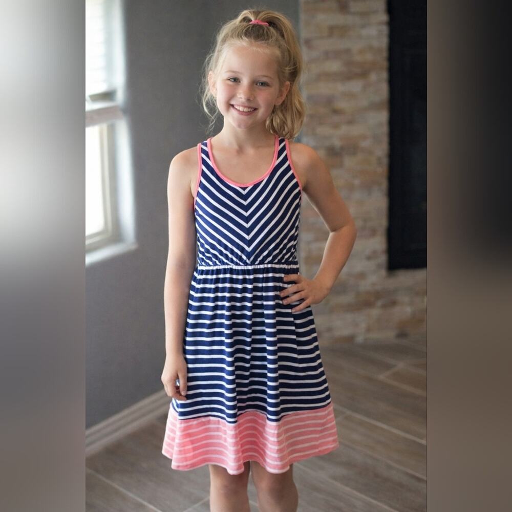 GB Girls Navy White & Pink Stripe Dress Sz XL